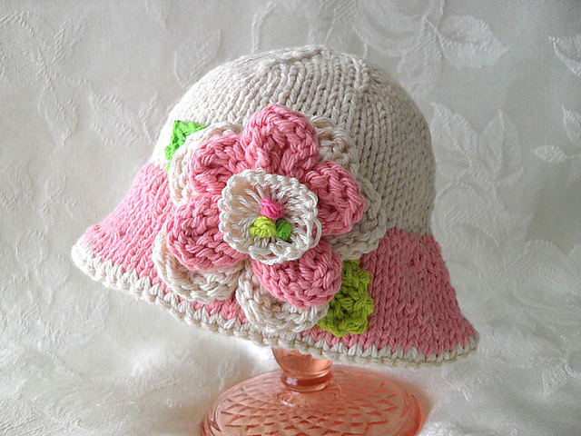 Think Pink Brimmed Hat With Flower and Leaves