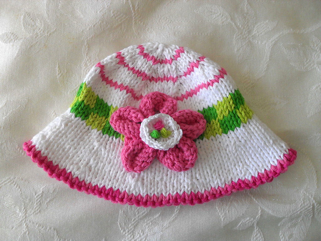 Knitted Brimmed Baby Hat with Flower