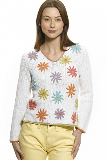 V-neck Pullover with Crochet Flowers