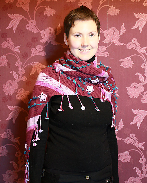 Striped Shawl With 3D Flowers And Buttons