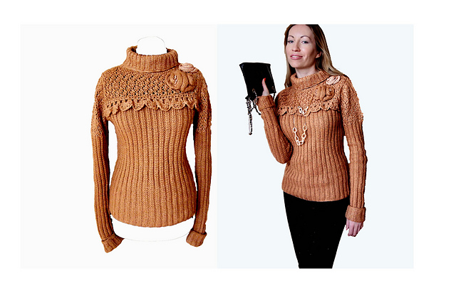Lacy ribbed pullover with flower decor.