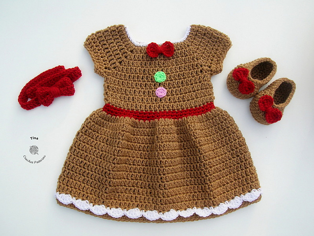 Ravelry: Miss Gingerbread Headband, Dress and Shoes Outfit pattern by Tina  Crochet Patterns