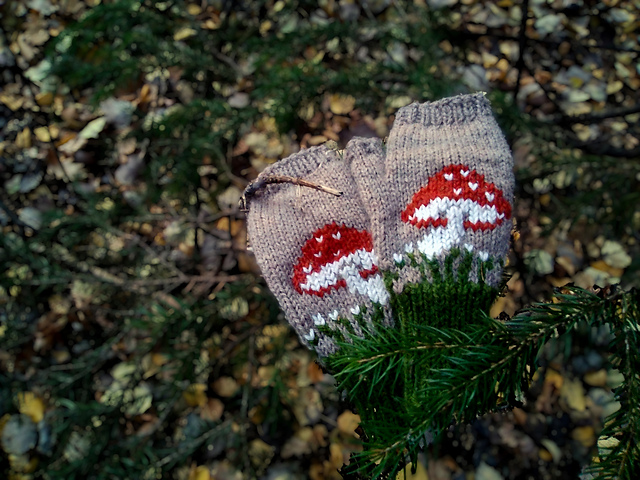 Mushroom fingerless mittens