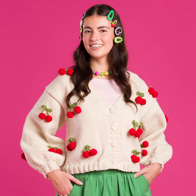 Knit Cardigan with Crochet Cherry