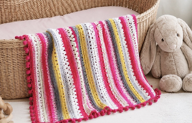Cosy Stripe Blanket with Pompom Border