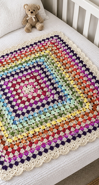 Granny Square Blanket with Shell Border