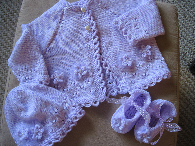 Flower and Lace Cardigan, Hat, and Bootees