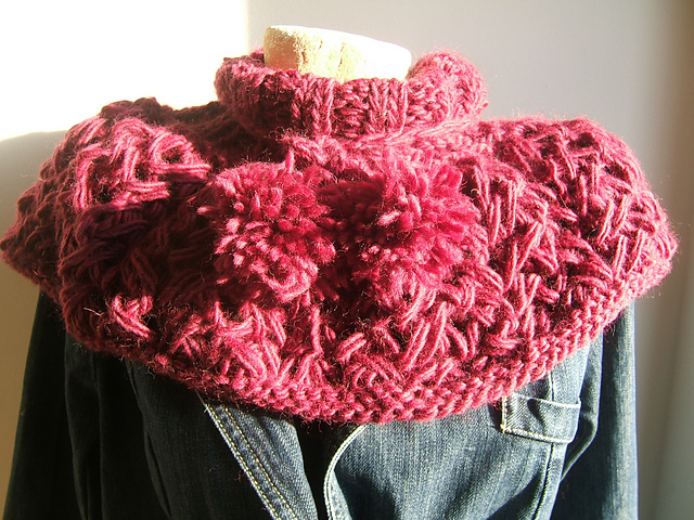 "Very Berry" Roll Neckwarmer with Pom Pom Tie
