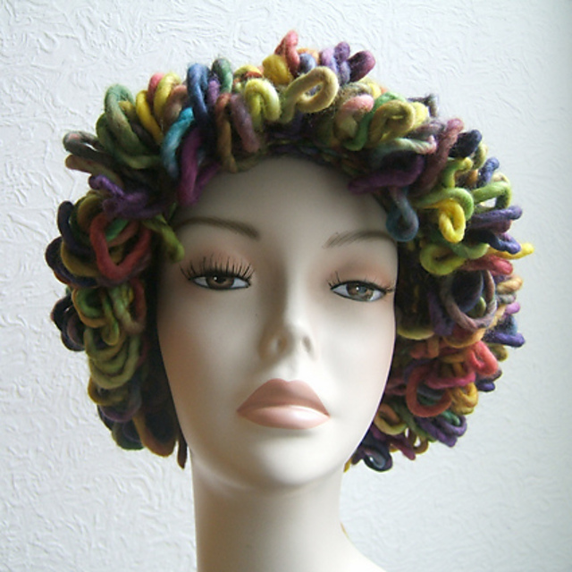 Rainbow Hat with Loopy trim and Fingerless Mittens.