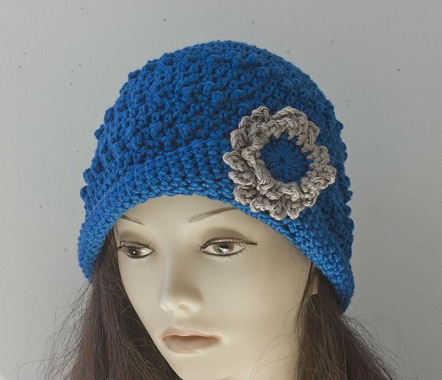 Free Crochet Hat Pattern Knit Hat With Flower On Side Mock Popcorn