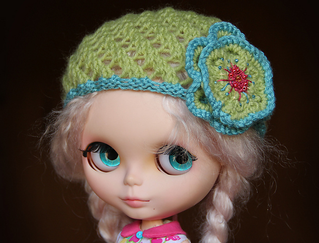 Milly Jane knitted lacey hat with beaded flowers