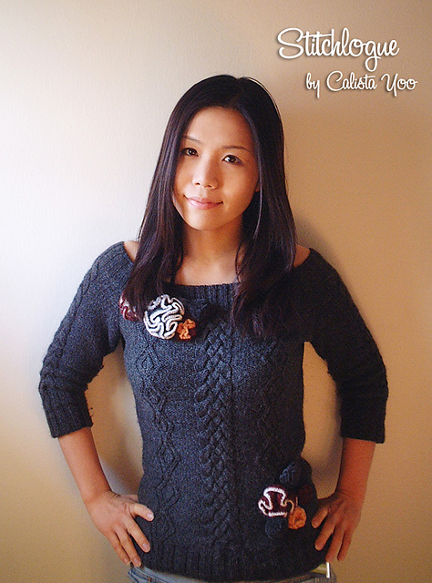 Aran Off-shoulder Pullover with Crochet Flowers