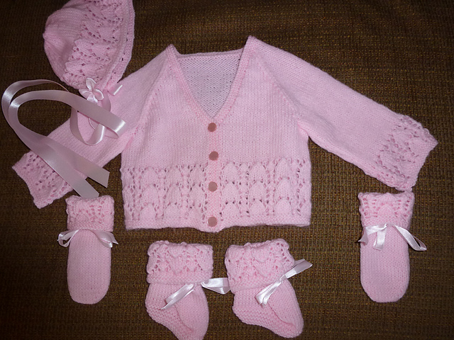 Baby Cardigan, Hat, Mittens, Bootees, and Blanket