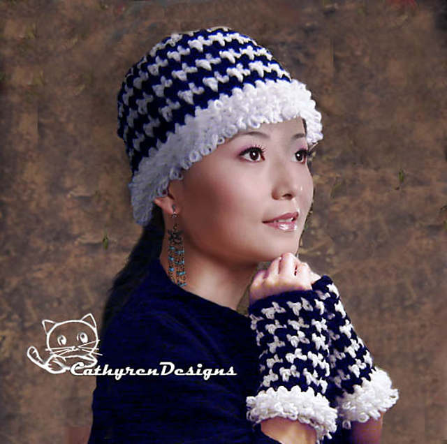 Houndstooth Beanie and Arm-Warmer Set