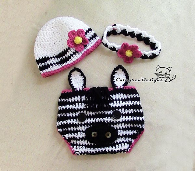 Baby Zebra Diaper Cover, Hat and Headband