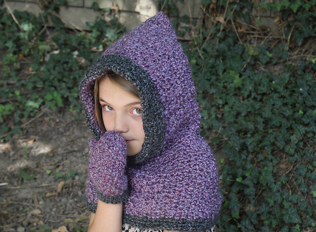 Purple Hooded Cowl and Mittens