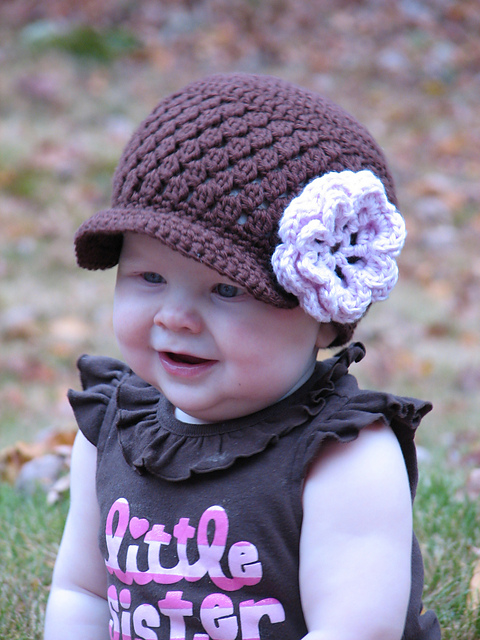 Brown Cluster Beanie with Pink Flower