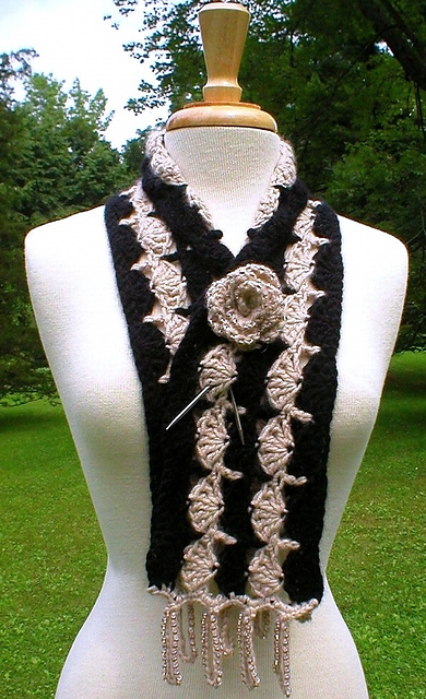 Fan Stitch Crochet Scarf and Beaded Pin