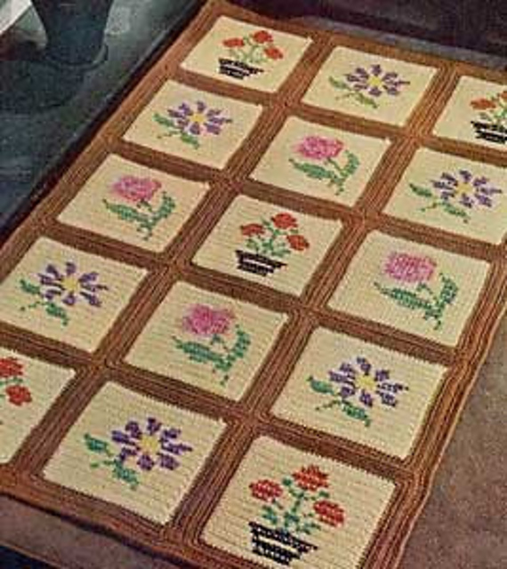 The Cream and Brown Embroidered Block Rug