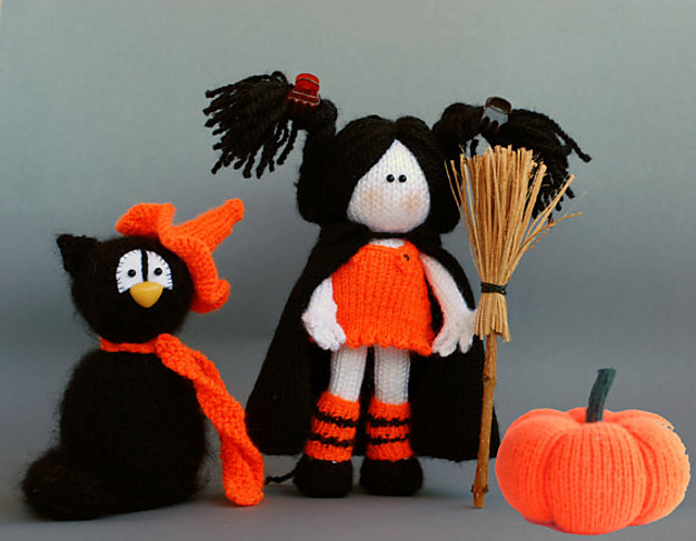 Black Cat, Young Witch and Pumpkin