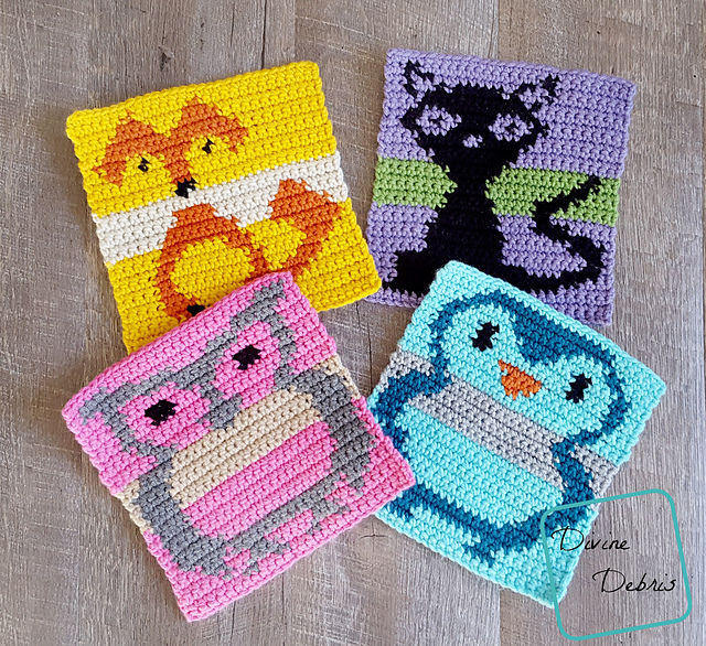 Cute Creatures 8" Tapestry Afghan Square 4-Pack