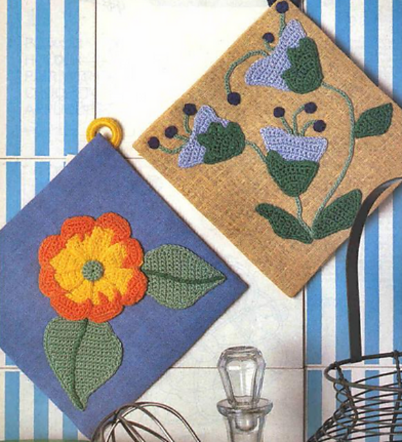Potholder Pair with Crochet Appliiques