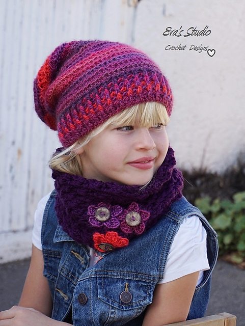 Crochet Girls Slouchy Hat and Neck Warmer