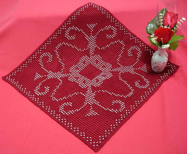 Red Square Beaded Filet Doily