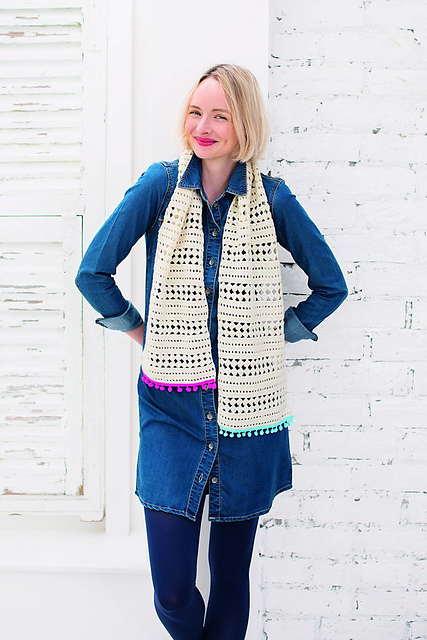 Striped Scarf With PomPom Trim