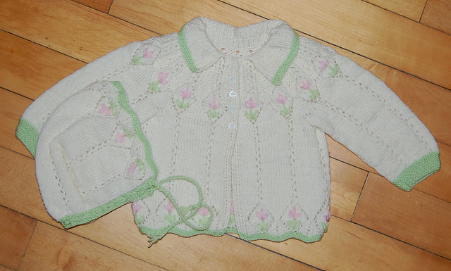 10601 Cardigan, Romper, Cap, Booties and Blanket