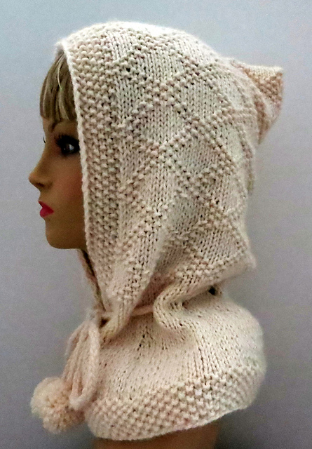 Hooded Scarf with Drawstrings and Pompoms