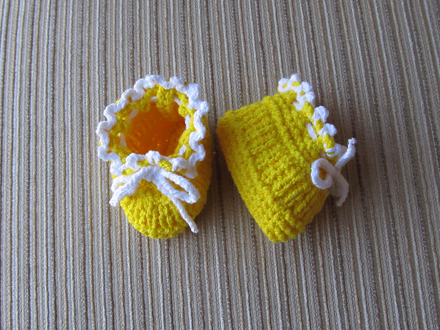 Yellow Booties with White Picot Trim