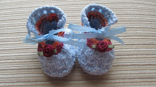 Blue Baby Booties with Burgundy Flowers