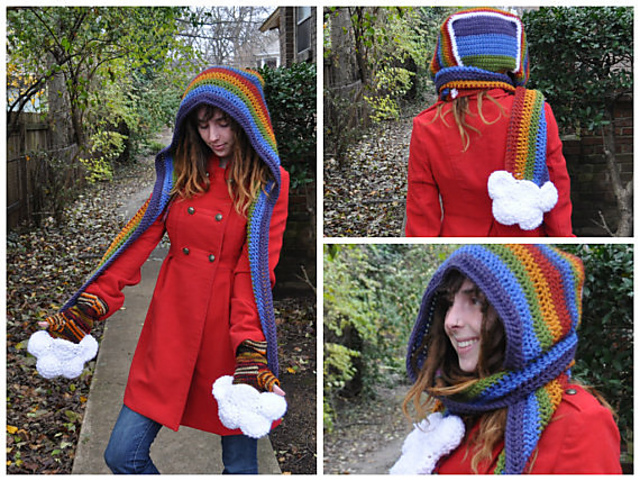 Rainbow Hooded Scarf with Clouds
