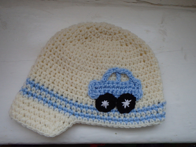 Crochet peak hat, with Car Motif