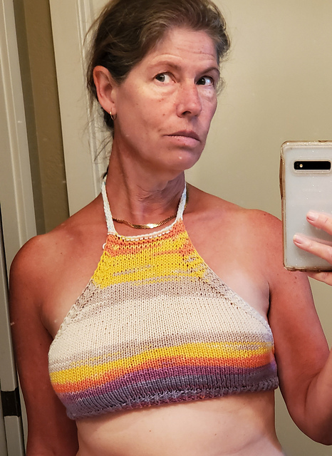 #28 Close-Fitting, Stockingette-Stitch Halter and Loose-Fitting, Openwork, T-shaped, Cropped Top with Short Sleeves