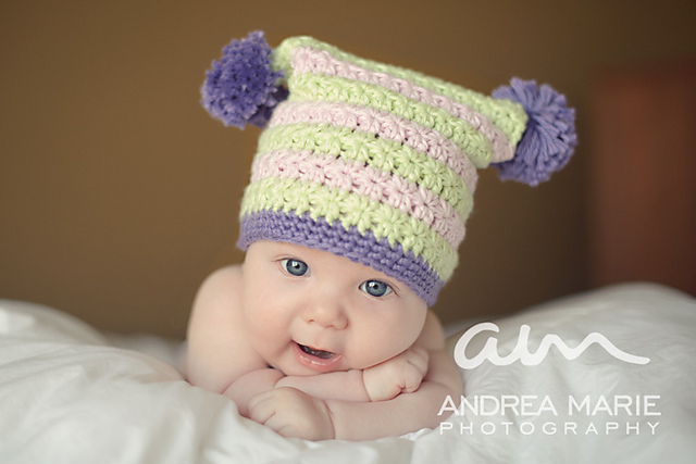 Square Star Stitch Hat with Pompoms