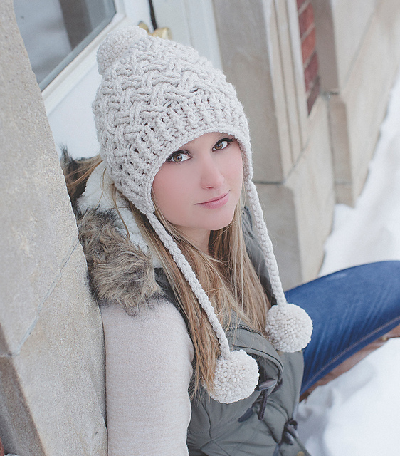 Chunky Diagonal Weave Pom Pom Slouch