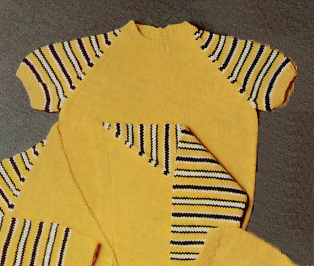 Plain Sweater with Striped Sleeves