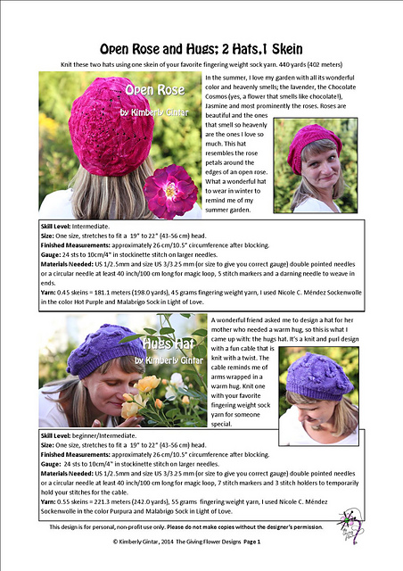 Open Rose and Hugs; 2 Hats, 1 Skein
