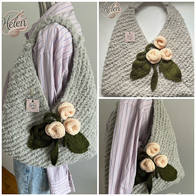 Bouclé Knit Bag with Roses & Leaves,