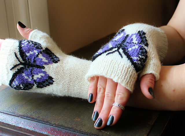 Purple & White Butterfly Fingerless Gloves