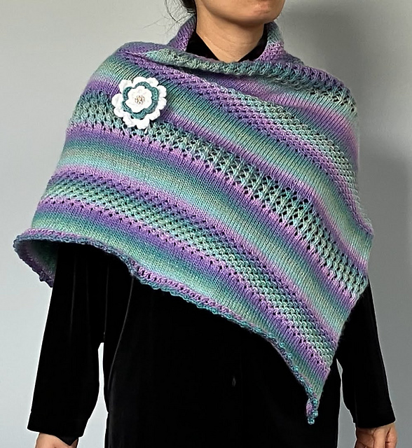Asymmetrical Striped Shawl with Flower Brooch