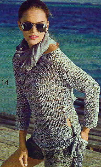 # 14 Pull motif filet avec rubans noués