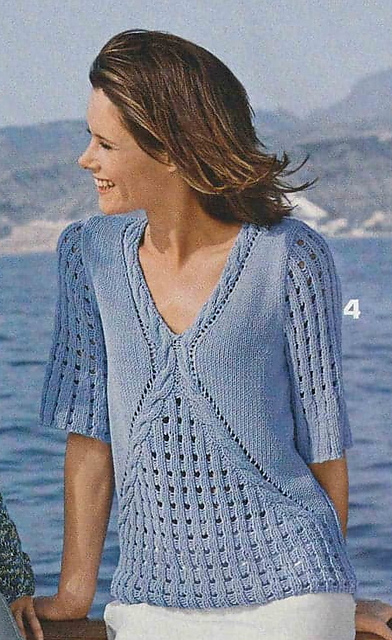 # 04 Sweater with Ajouré and cables in mid blue