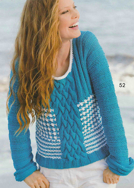 # 52 Pull turquoise/blanc, manches motif côtelé
