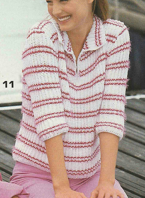 # 11 Striped Polo Sweater in White and Pink