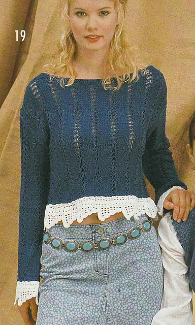 # 19 Blue Sweater with White Crochet Borders