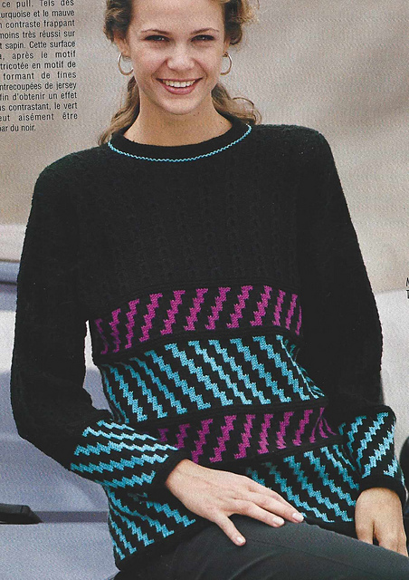 # 12 Pull en vert foncé, turquoise et mauve