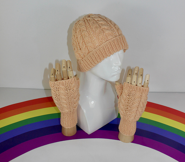 Adult Teen Aran Cable Beanie & Fingerless Gloves